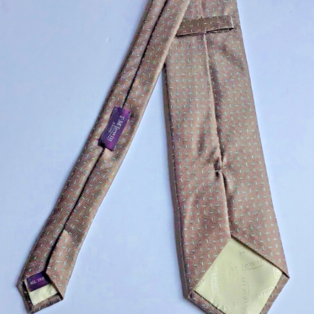 T M  Lewin light brown , green motifs   textured all silk tie